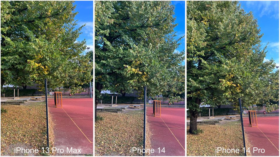 En plein jour, l'iPhone 13 Pro Max (à gauche), l'iPhone 14 (au centre) et l'iPhone 14 pro (à droite) ne se ressemblent pas beaucoup. Tous affichent ce qu'ils voient de manière nette, contrastée et fidèle aux couleurs. Les pros affichent des couleurs un peu plus vives
